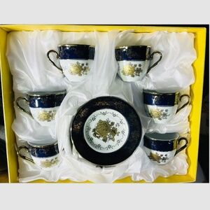 NEW 6 Joseph Sedgh Gold & Blue Trim Espresso / Demitasse Cups & Saucers Set of 6